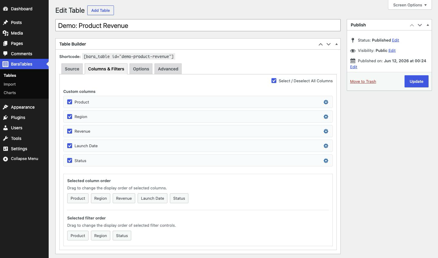 BaraTables table builder column and filter controls in WordPress admin.