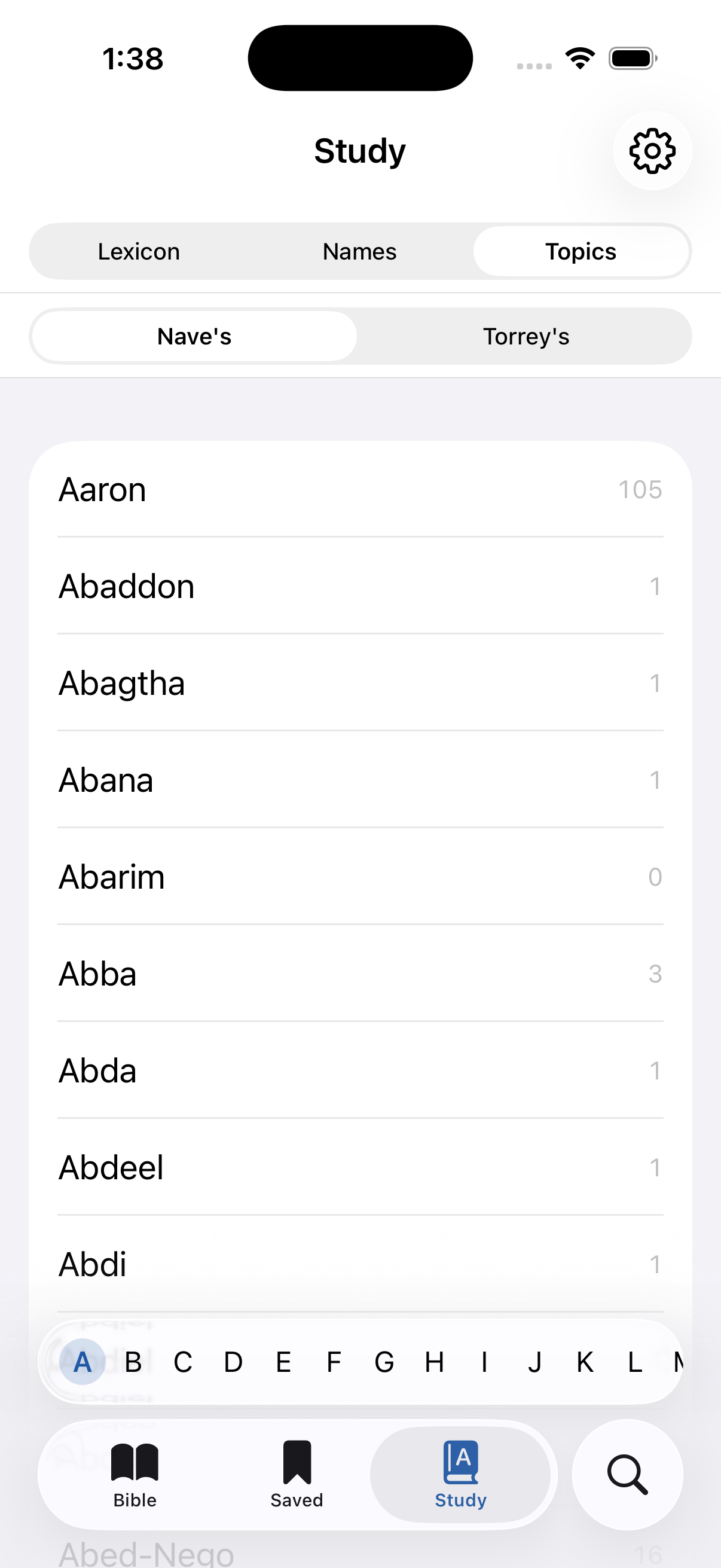 Nave's topic list in the Traverse Bible Study tab.