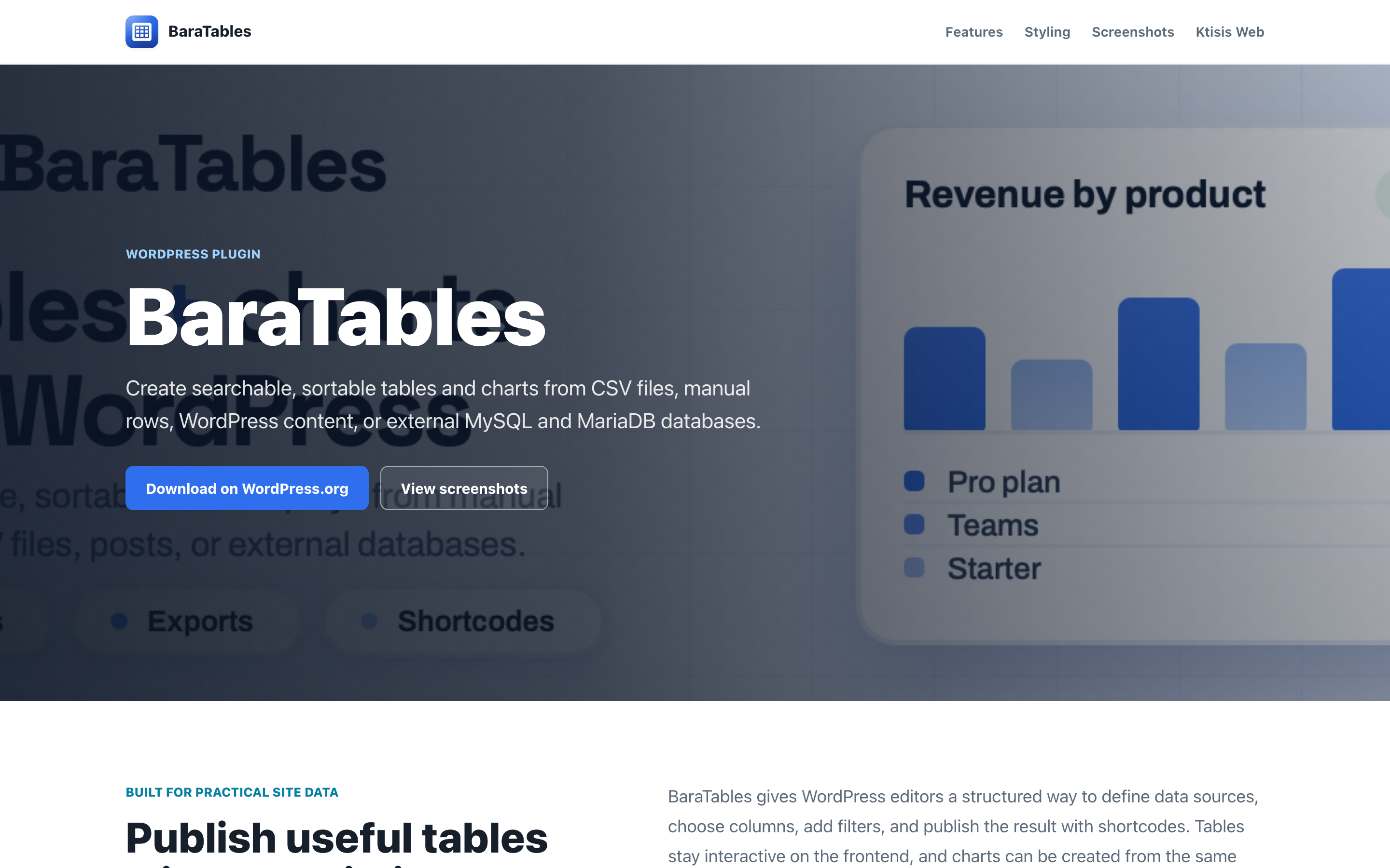 BaraTables — Searchable, sortable WordPress tables & charts